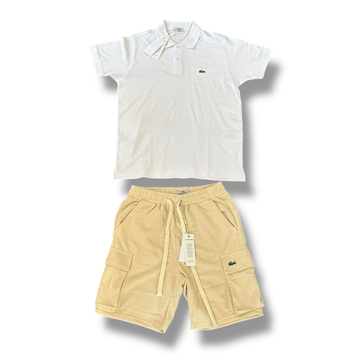 4- COMPLETINO LACOSTE POLO BIANCA -BERMUDA BEIGE