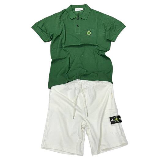 COMPLETO STONE ISLAND MAGLIA VERDE BOTTIGLIA + PANTALONE BIANCO